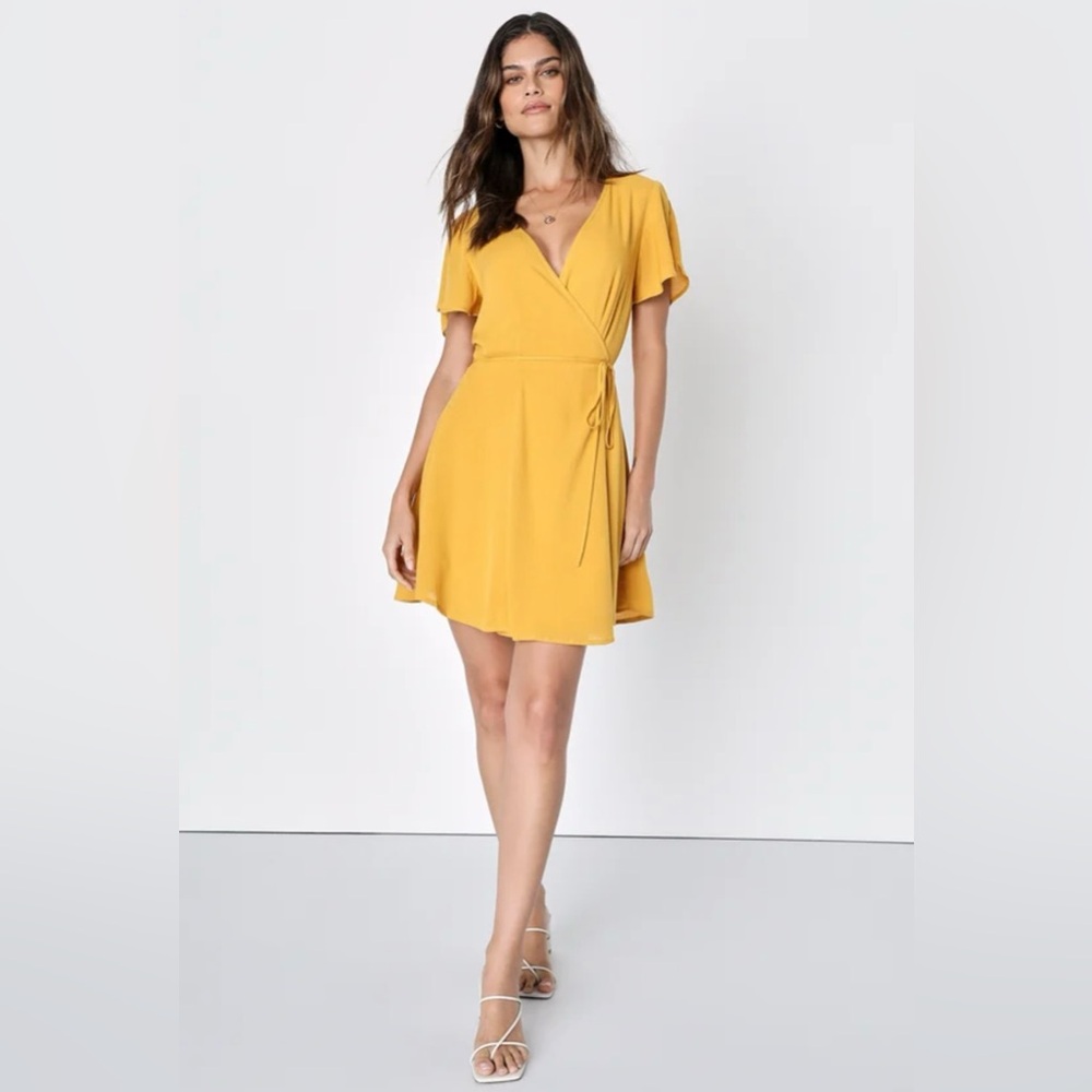 Lulus Harbor Point Mustard Yellow Flutter-Sleeve Mini Wrap Dress -Never Worn